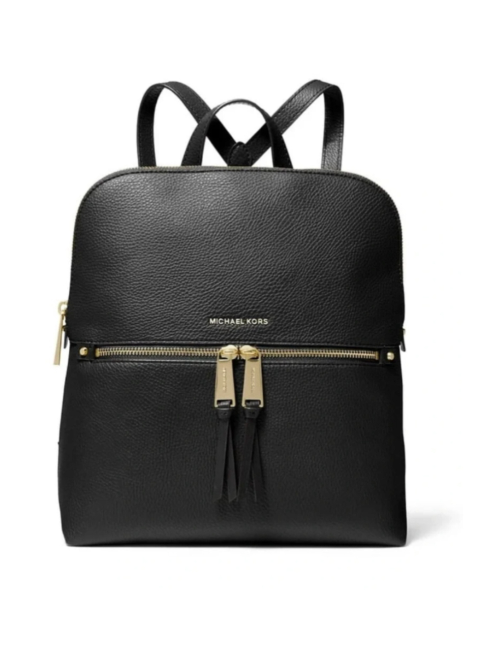 Michael Kors Rhea Pebbled Leather Zip Medium Slim Backpack Black Gold Hardware